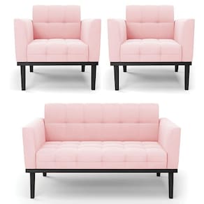 Sofá Namoradeira E 2 Poltronas Base Madeira Preto Ana Suede Rosa Bebê