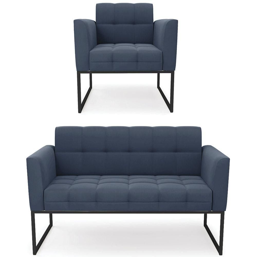 Sofá Namoradeira E 1 Poltrona Base Industrial Preto Ana Suede Azul Marinho