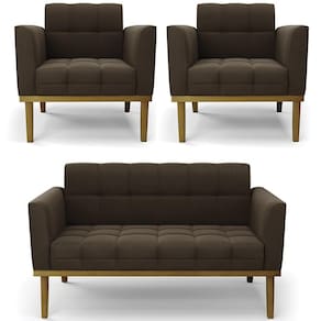 Sofá Namoradeira E 2 Poltronas Base Madeira Castanho Ana Suede Marrom