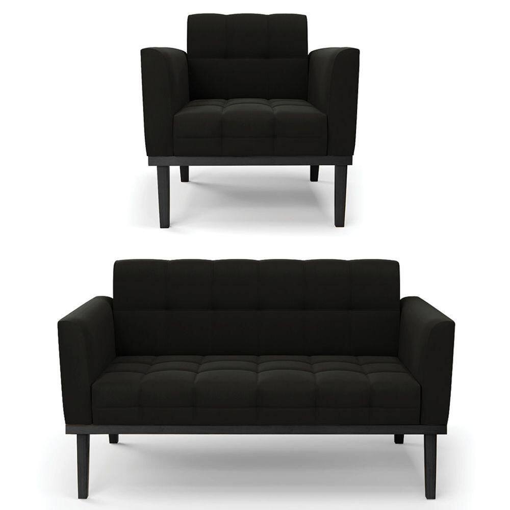 Sofá Namoradeira E 1 Poltrona Base Madeira Preto Ana Suede Preto