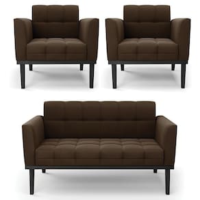Sofá Namoradeira E 2 Poltronas Base Madeira Preto Ana Suede Marrom