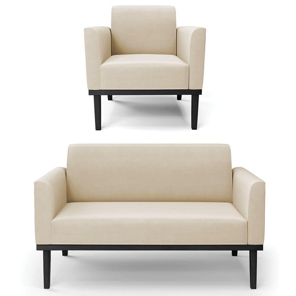 Sofá Namoradeira E 1 Poltrona Base Madeira Preto Maressa Suede Bege