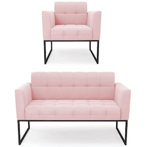 Sofá Namoradeira E 1 Poltrona Base Industrial Preto Ana Suede Rosa Bebê