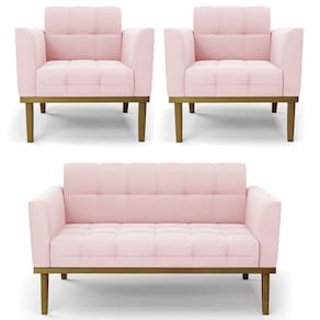 Sofá Namoradeira E 2 Poltronas Base Madeira Castanho Ana Suede Rosa Bebê