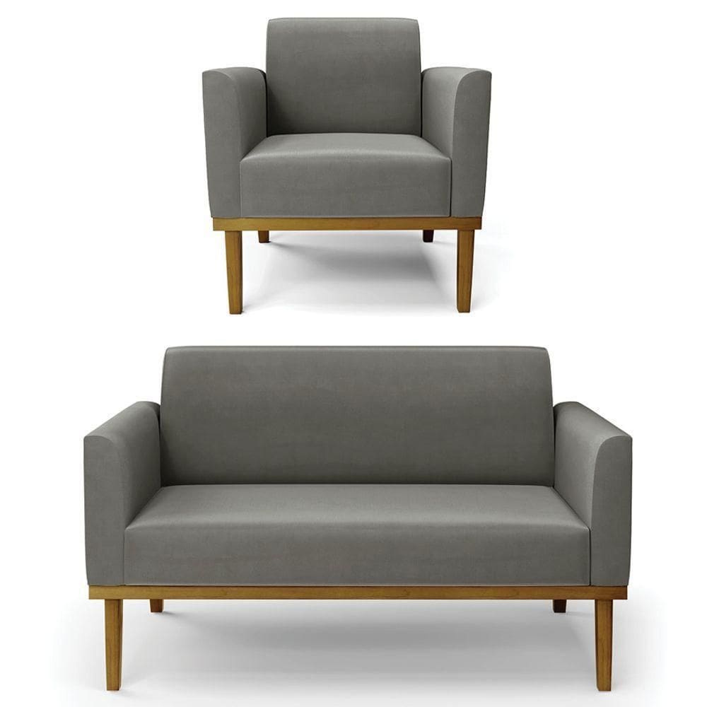 Sofá Namoradeira E 1 Poltrona Base Madeira Castanho Maressa Suede Grafite