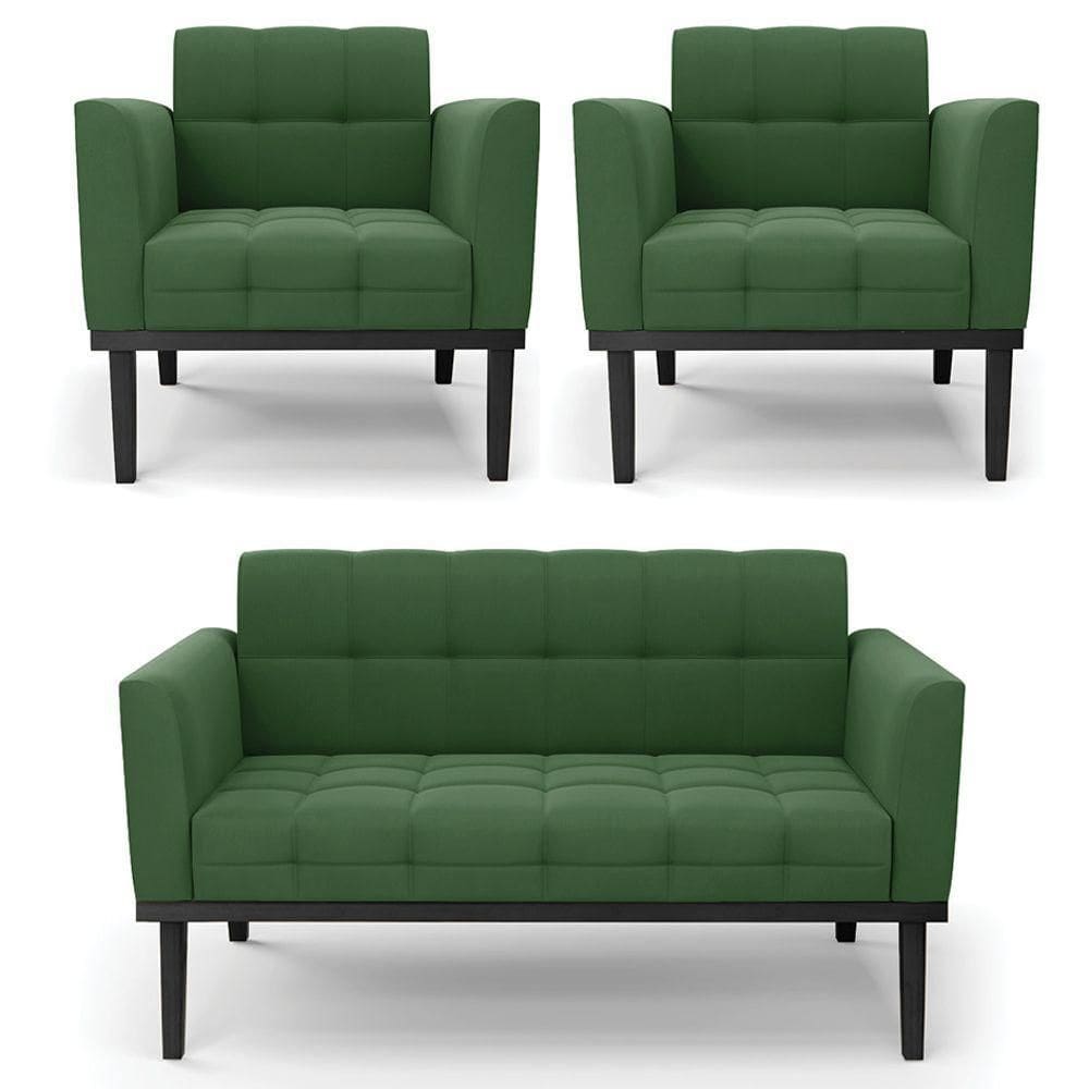 Sofá Namoradeira E 2 Poltronas Base Madeira Preto Ana Suede Verde