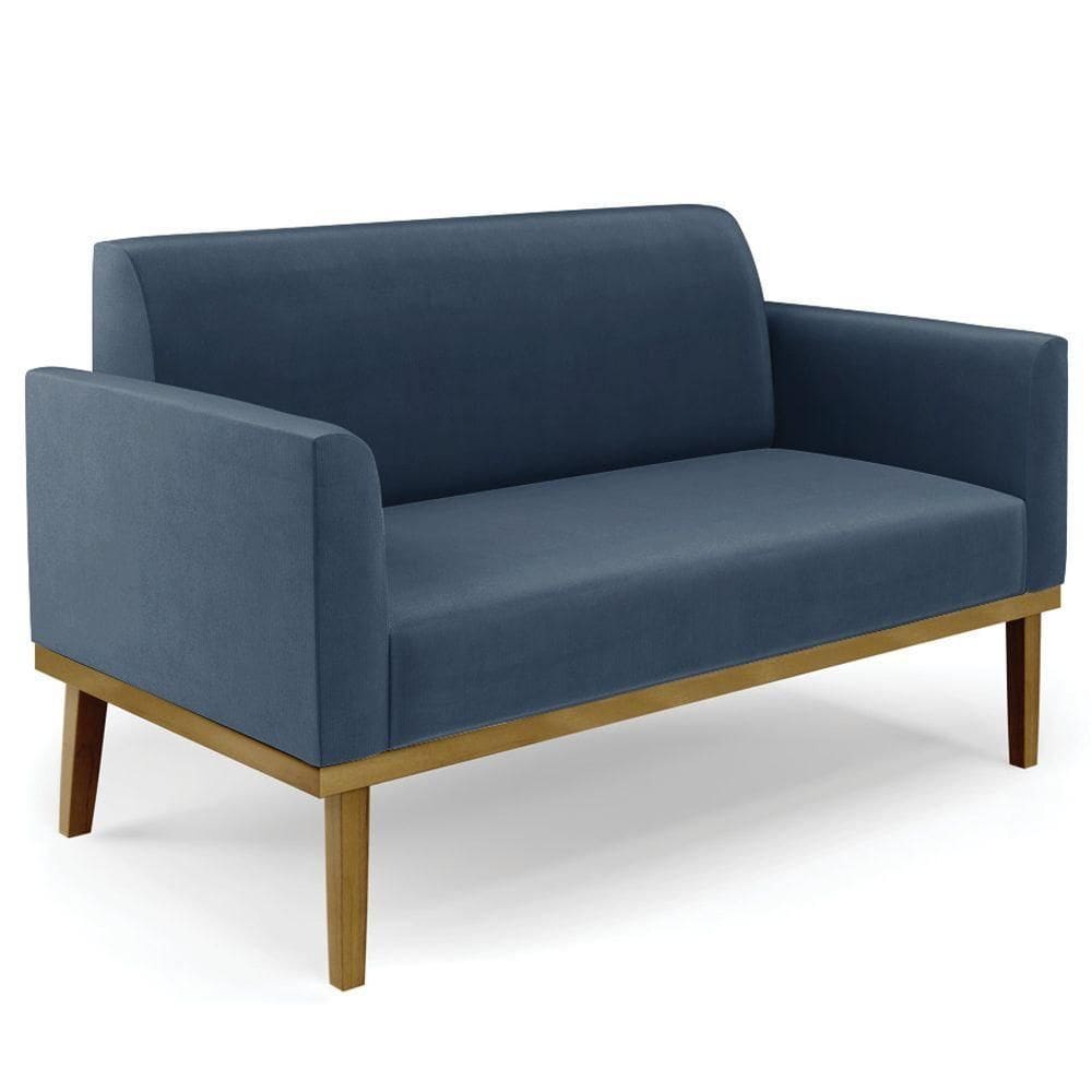 Sofá Namoradeira Base Madeira Castanho Maressa Suede Azul Marinho