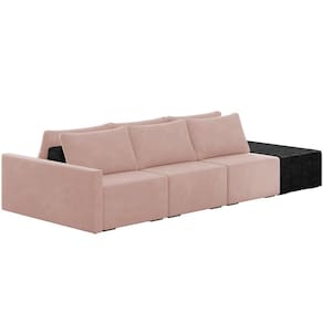 Sofá Ilha Modular Para Sala 342cm Com Puff Dublin K01 Veludo Rosê E Sintético Preto - Lyam Decor