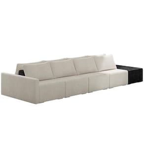 Sofá Ilha Modular Para Sala 432cm Com Puff Dublin K01 Bouclê Creme E Sintético Preto - Lyam Decor