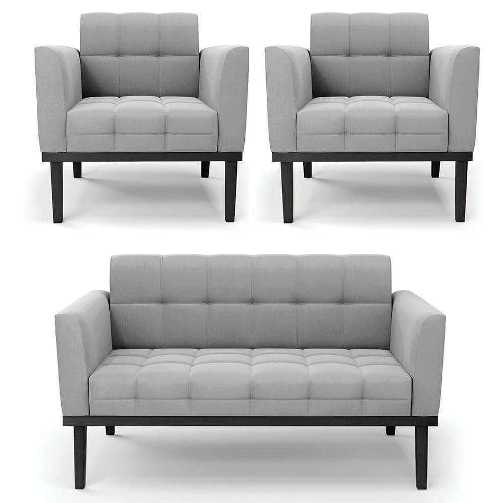 Sofá Namoradeira E 2 Poltronas Base Madeira Preto Ana Suede Cinza