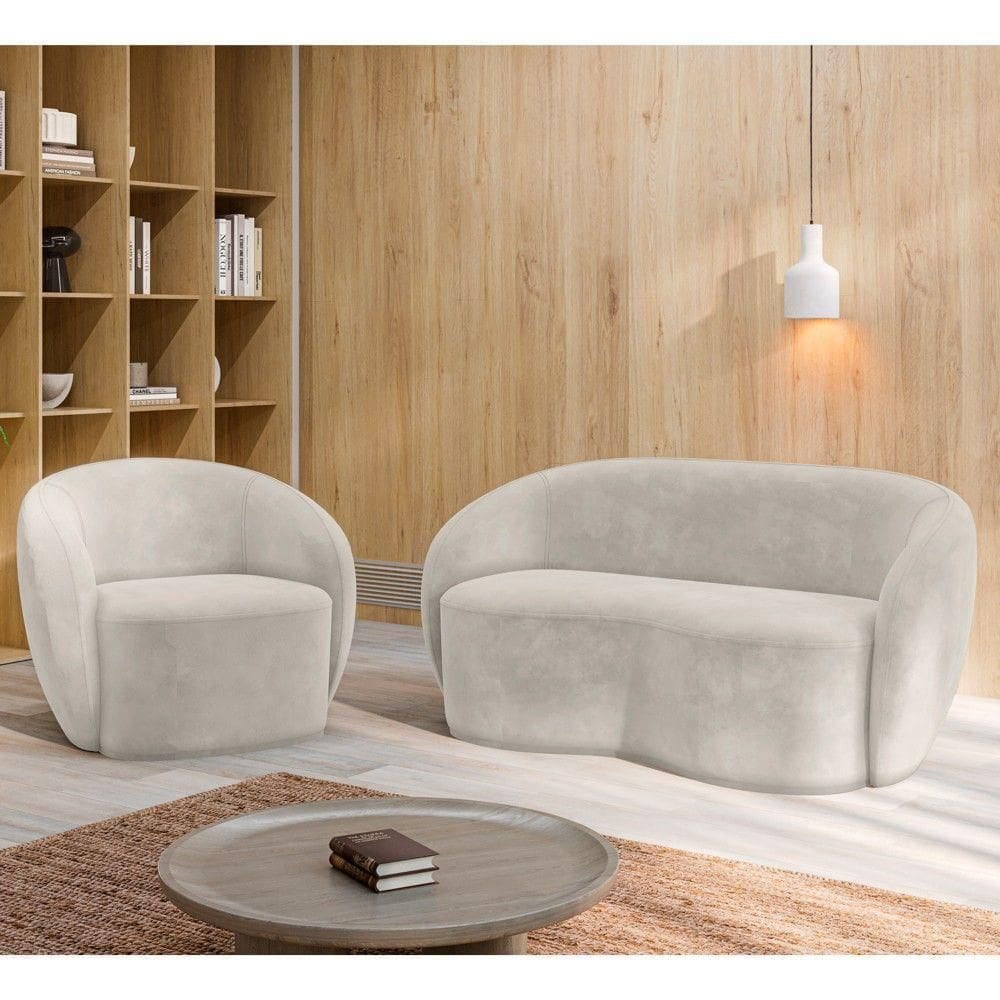 Sofá 2 Lugares Living 160cm E 1 Poltrona Giratória Garbin K04 Veludo Bege - Mpozenato