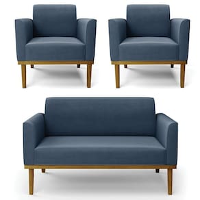 Sofá Namoradeira E 2 Poltronas Base Madeira Castanho Maressa Suede Azul Marinho