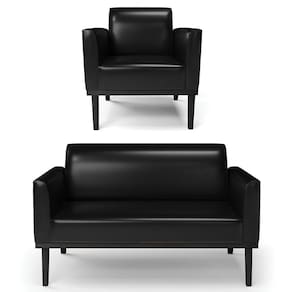 Sofá Namoradeira E 1 Poltrona Base Madeira Preto Maressa Sintético Pu Preto