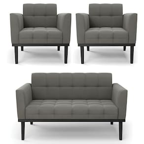 Sofá Namoradeira E 2 Poltronas Base Madeira Preto Ana Suede Grafite
