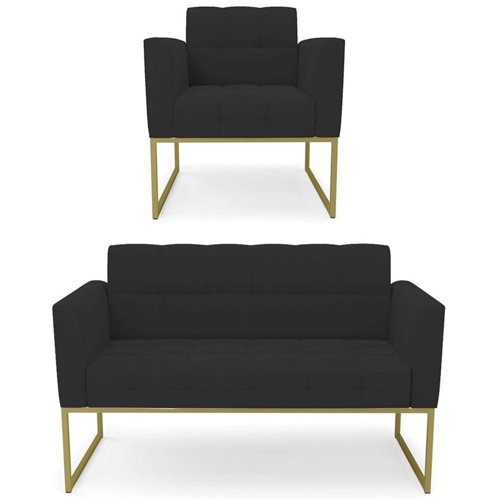 Sofá Namoradeira E 1 Poltrona Base Industrial Dourado Ana Veludo Preto