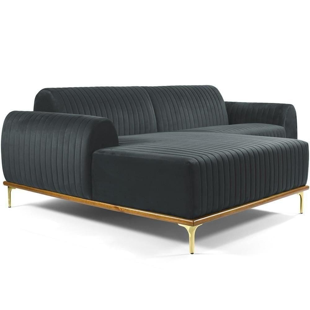 Sofá 5 Lugares Com Chaise Molino 300cm Veludo Cinza C-317