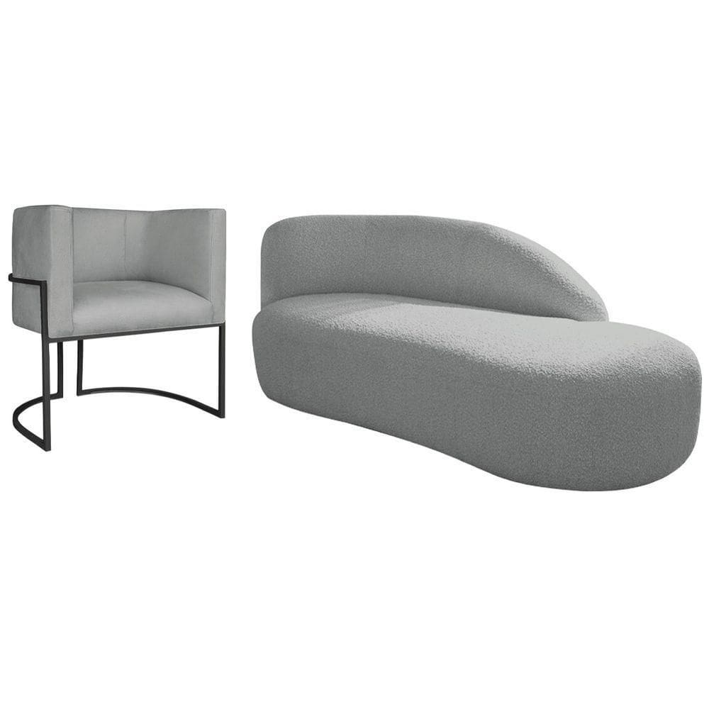 Kit Divã Luna 185cm Lado Direito E 01 Poltrona Base De Ferro Preto Bouclé Cinza