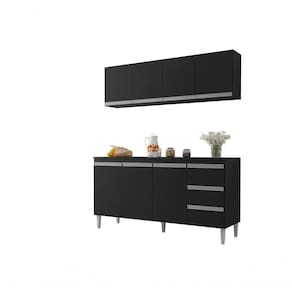 Balcão Gabinete Andreia 160cm C-tampo E Armário Aéreo 4 Portas 160cm Preto