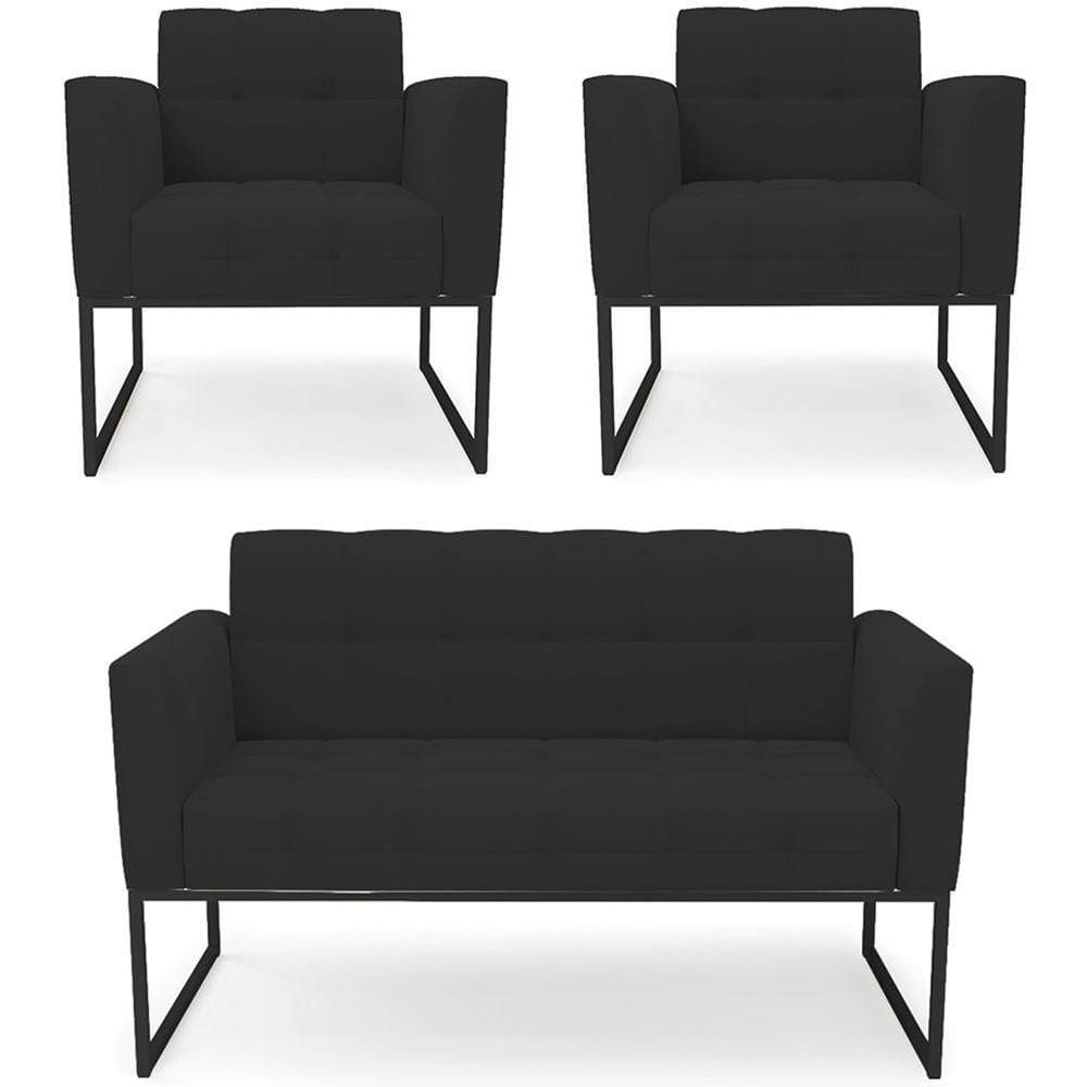 Sofá Namoradeira E 2 Poltronas Base Industrial Preto Ana Veludo Preto