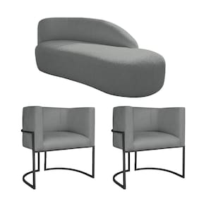 Kit Divã Luna 185cm Lado Direito E 02 Poltronas Base De Ferro Preto Suede Cor Cinza