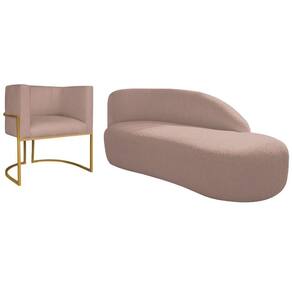 Kit Divã Luna 140cm Lado Direito E 01 Poltrona Base De Ferro Dourado Linho Cor Rosê