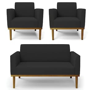 Sofá Namoradeira E 2 Poltronas Base Madeira Castanho Maressa Veludo Preto