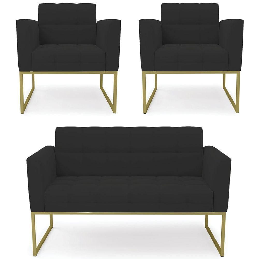 Sofá Namoradeira E 2 Poltronas Base Industrial Dourado Ana Veludo Preto