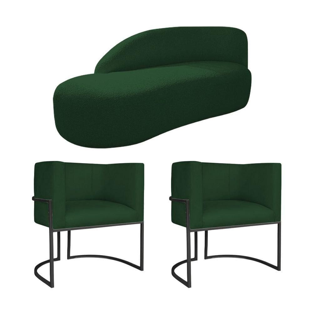 Kit Divã Luna 140cm Lado Esquerdo E 02 Poltronas Base De Ferro Preto Suede Cor Verde