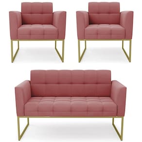 Sofá Namoradeira E 2 Poltronas Base Industrial Dourado Ana Suede Rosê