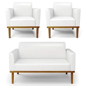 Sofá Namoradeira E 2 Poltronas Base Madeira Castanho Maressa Sintético Pu Branco