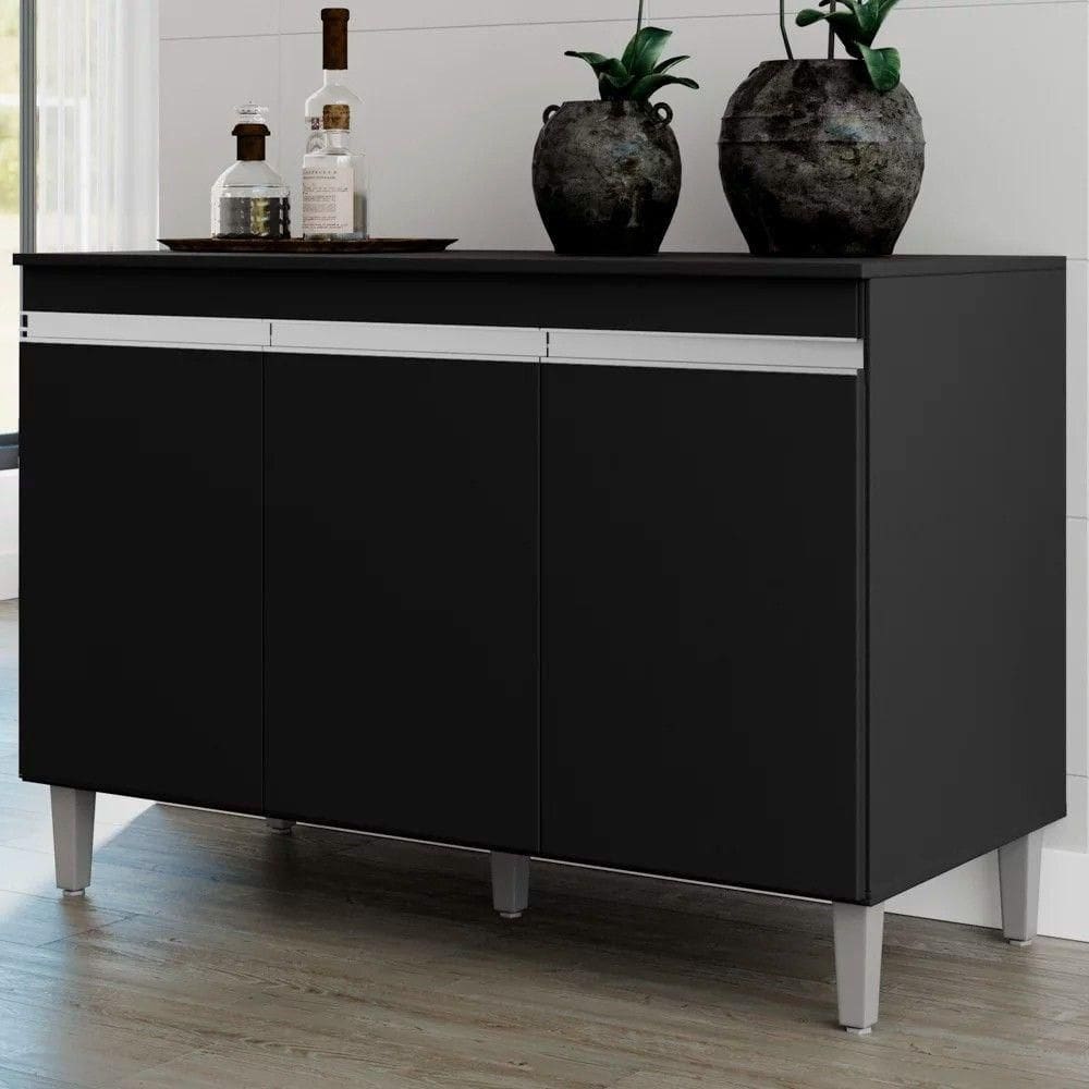 Balcão Gabinete 120cm 3 Portas Com Tampo Manu Preto - Ajl Móveis
