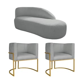 Kit Divã Luna 185cm Lado Direito E 02 Poltronas Base De Ferro Dourado Bouclé Cinza