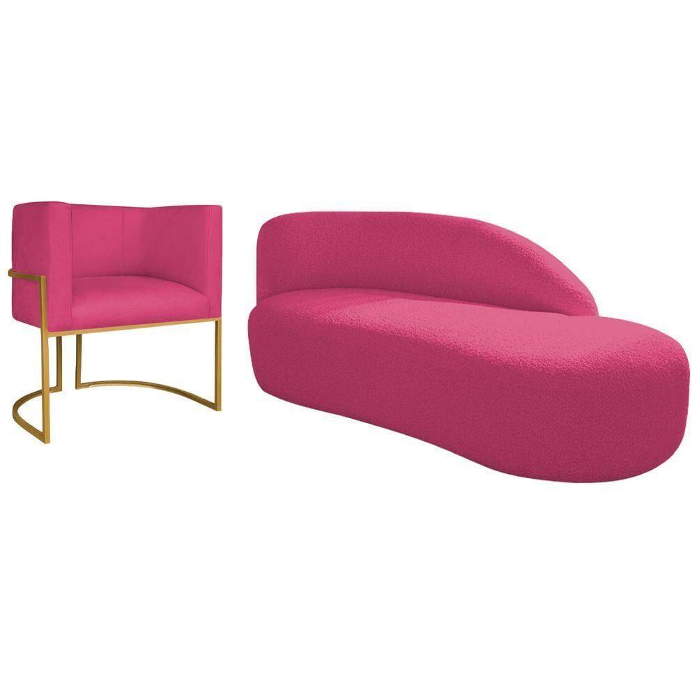 Kit Divã Luna 160cm Lado Direito E 01 Poltrona Base De Ferro Dourada Suede Cor Pink
