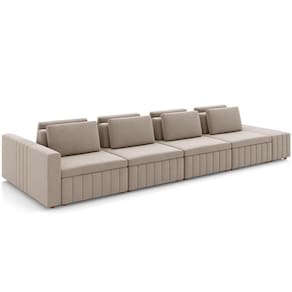 Sofá Ilha Com Puff Para Sala Living 505cm Amber M03 Veludo Bege - Lyam Decor