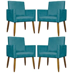 Kit 4 Poltronas Decorativas Mari Suede Pé Palito Castanho - Azul-turquesa Suede