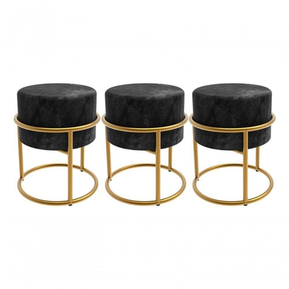 3 Puffs Base Ferro Veludo Acabamento Sofisticado - Preto