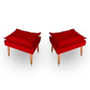 Kit 02 Puff Para Sala E Quarto Madeira Decorativo Opala Suede Cor Vermelho
