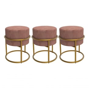3 Puffs Base Ferro Veludo Acabamento Sofisticado - Rosa