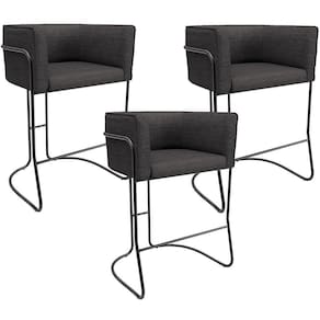 Kit 03 Banquetas Baixa Base De Aço Preto Betina D02 Linho Cinza Escuro C-416 - Lyam Decor