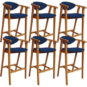 Kit 06 Banquetas Alta Cozinha Bancada Bar Sala De Jantar Fixa Cecília L02 Suede Azul Marinho - Lyam