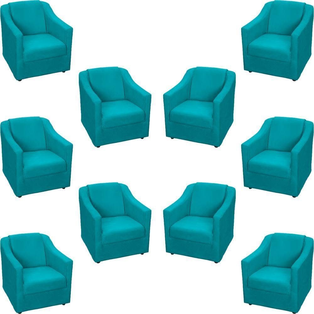 Kit 10 Poltronas Decorativa Mila Pé De Plástico Cromado - Azul-turquesa Suede