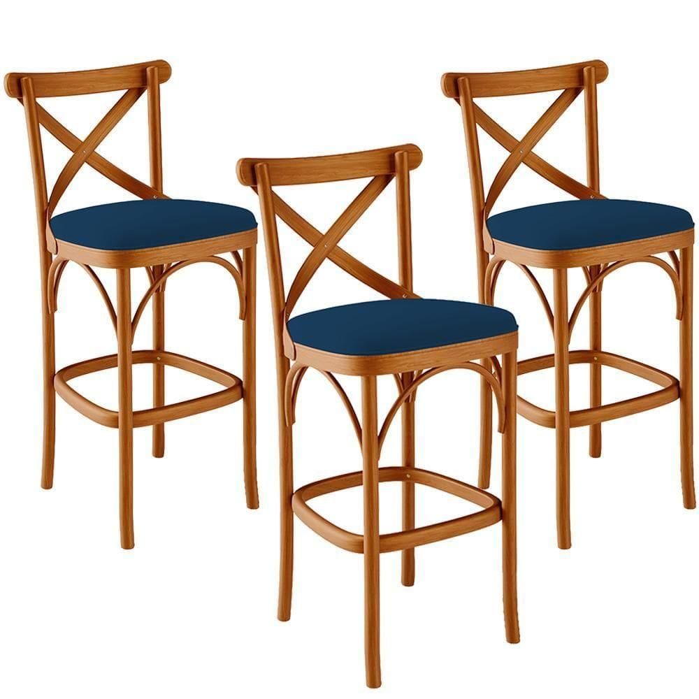 Kit 03 Banquetas Altas Cozinha Bancada Bar Sala Jantar Estofada ávila L02 Suede Azul Marinho - Lyam