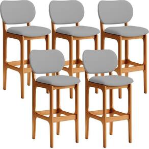Kit 05 Banquetas Alta Para Cozinha Madeira Fixa Betta L02 Imbuia Corano Cinza - Lyam Decor