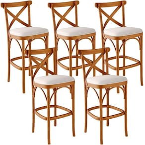 Kit 05 Banquetas Altas Cozinha Bancada Bar Sala De Jantar Estofada ávila L02 Linho Cru - Lyam