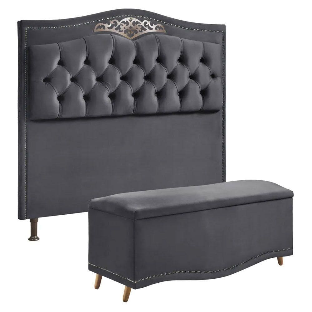 Conjunto Cabeceira E Calçadeira Holanda 1,60 Cm Veludo Star Confort Cinza Chumbo