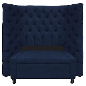 Kit Cabeceira e Calçadeira Baú Solteiro Everest P02 90cm Para Cama Box Suede Azul Marinho
