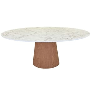 Mesa De Jantar Cone Oval 180x100 Cm Tampo Marmorizado Calacata Bronze - Base Freijó Marrom