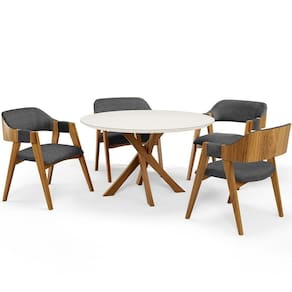 Mesa De Jantar Redonda Cora 120cm Off White M04 Com 04 Cadeiras Living Suran Linho Cinza Escuro - Lyam