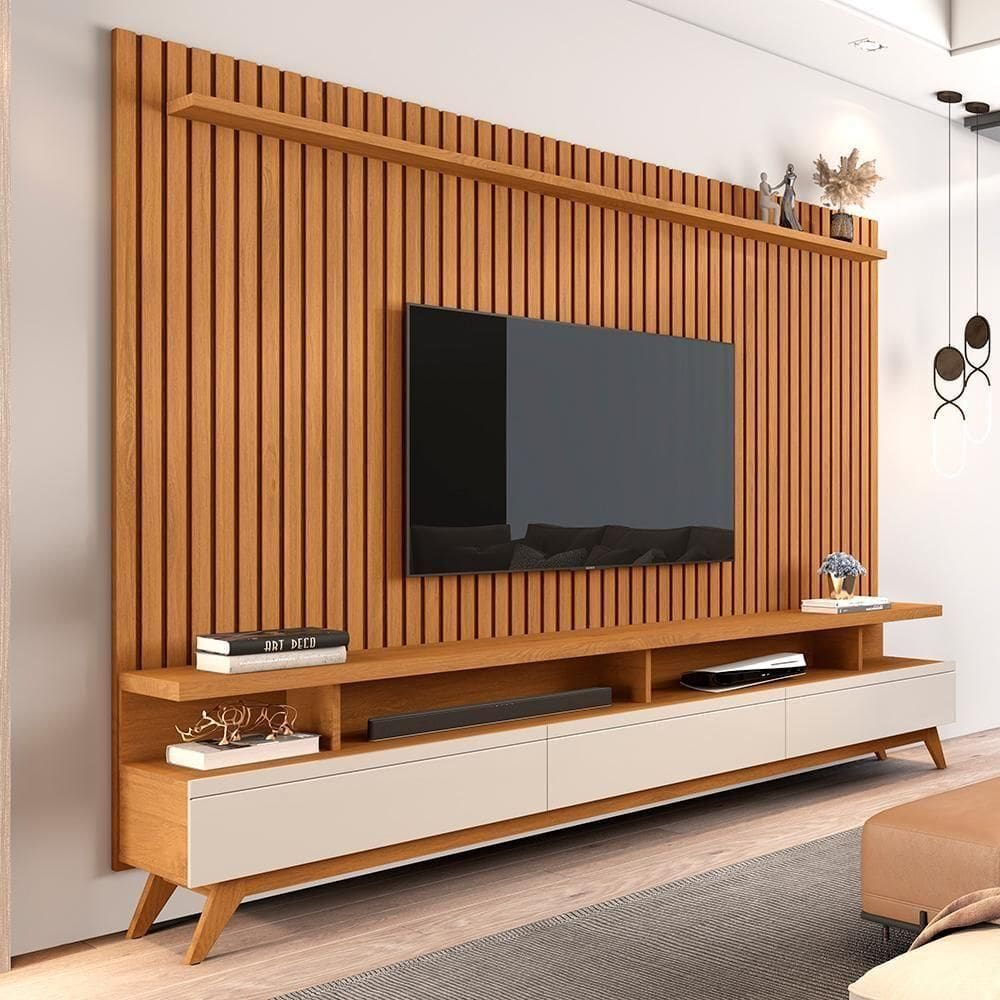 Conjunto De Sala Painel Ripado E Rack Roma Nature Off White