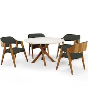 Mesa De Jantar Redonda Cora 120cm Off White M04 Com 04 Cadeiras Living Suran Linho Verde Musgo - Lyam